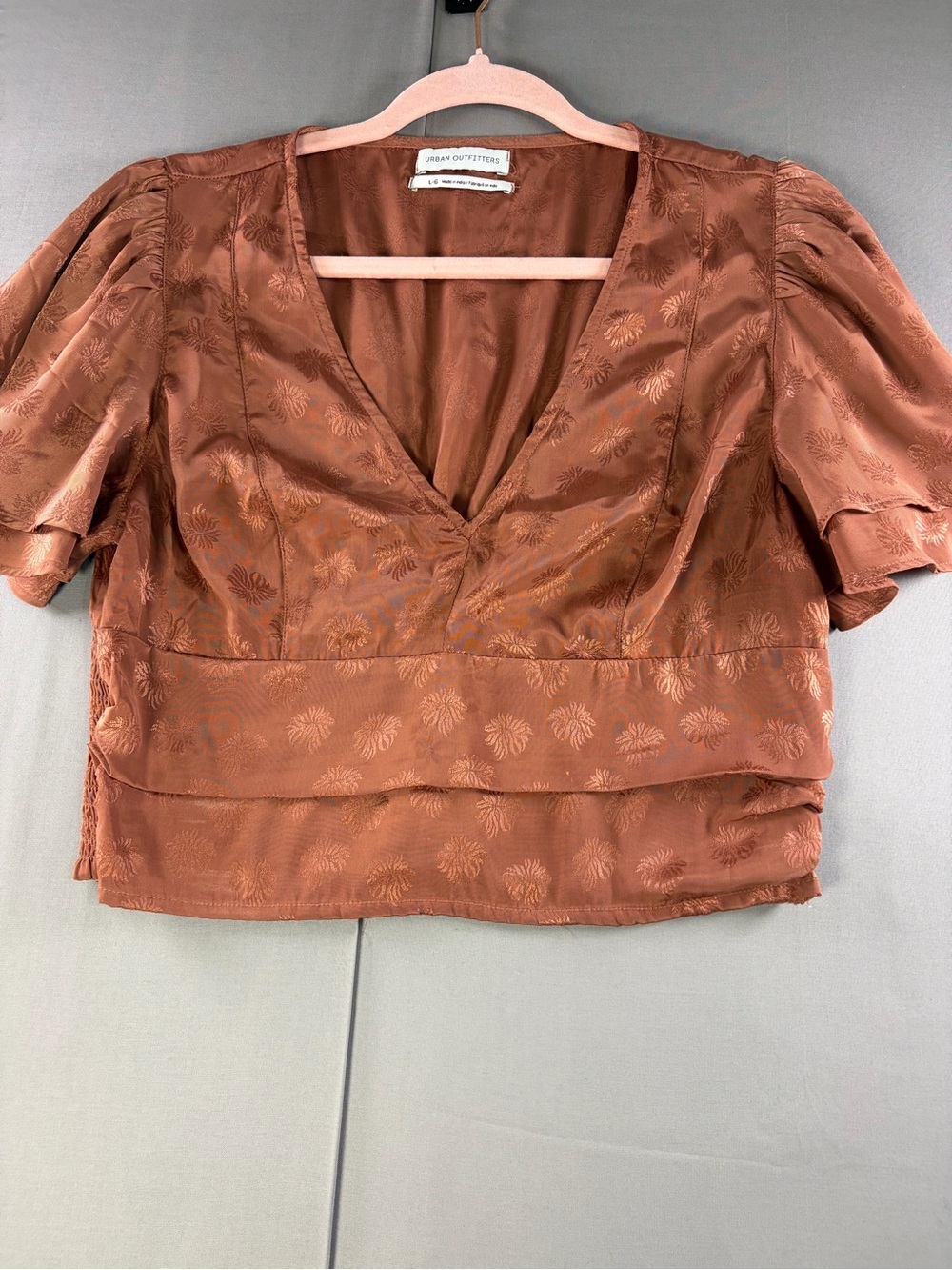 Urban Outfitters Copper Rust Floral V-Neck Puff Sleeve Top